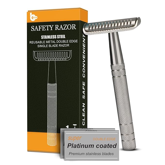 Stainless Steel Safety Razor, Single Blade Razors for Men, with 10 Double Edge Blades, Long and Heavy Duty Handle, Smooth Close Wet Shaving, Silver
