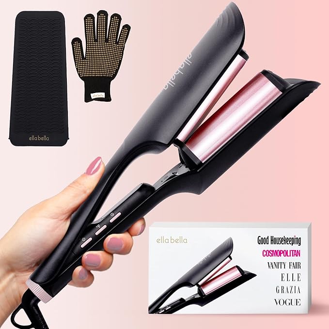ELLA BELLA® Ultimate Waver Curling Iron • Crimper Hair Tool • Adjustable Heat Settings • Dual Voltage Hair Curler • Anti-Scald Tech • Ionic Ceramic Coating for Long-Lasting, Frizz-Free Beach Waves
