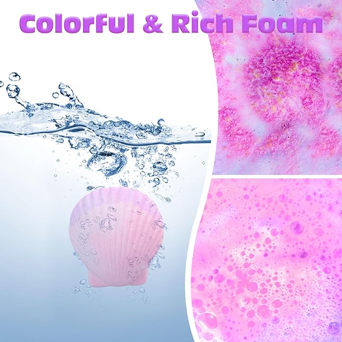 Mermaid Bath Bombs for Kids with Surprise Inside, 6 Pcs Shell Bubble Kids Bath Bombs Kit with Mermaid Toys, Birthday Christmas Jewelry Gifts for Girls Easter Basket Stuffer