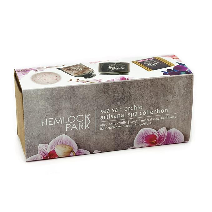 Hemlock Park Sea Salt Orchid Artisanal Spa Gift Box | Apothecary Candle, Shea Butter Soap, Bath Bomb, Mineral Salt Bath Soak | Handcrafted with Plant Based Ingredients
