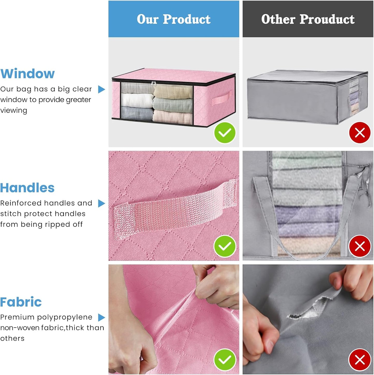 HomeHacks Storage 3-Pack Clothes Organizer Storage Bags Foldable Storage Box with Large Clear Window Sturdy Handles for Closet, Dorm, Pillows, Bedding, Clothes, Blankets, 35L, Pink