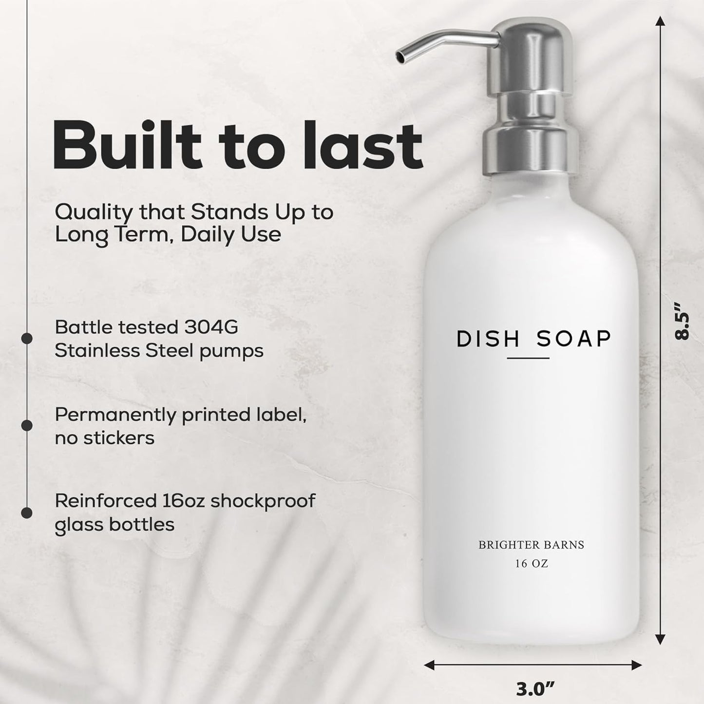 White Glass Hand and Dish Soap Dispenser Set by Brighter Barns - Modern Kitchen Soap Dispenser Set & Pump for Sink - Farmhouse Home Decor, Minimalist Kitchen Accessories (White)