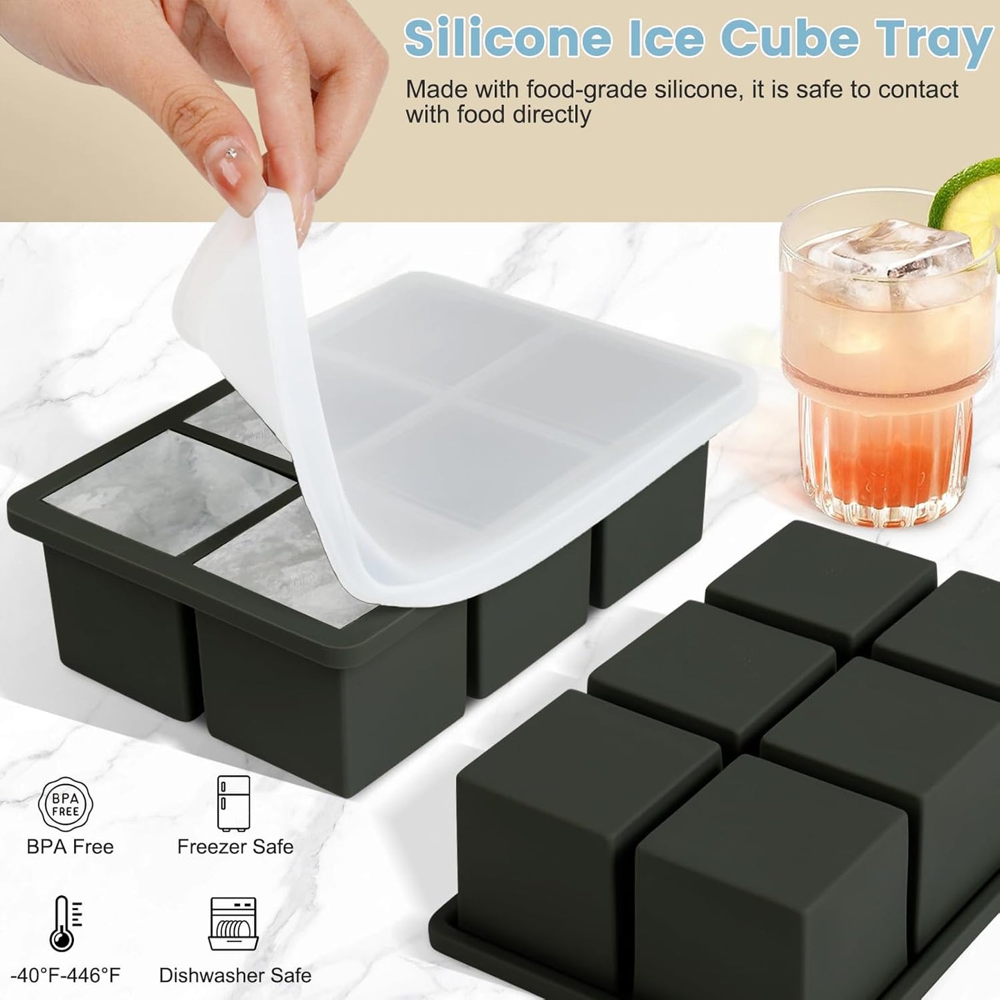 Large Silicone Ice Cube Tray 3Pack, SAWNZC Big Square Ice Cube Molds for Whisky Cocktail, Ice Maker Tray with Lid for Freezer, Easy Release (3, Black)
