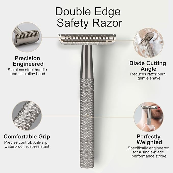 Double Edge Safety Razor with Stand, 10 Double Edge Blades, Single Blade Razors for Men and Women, Long and Heavy Duty Stainless Steel Handle, Silver