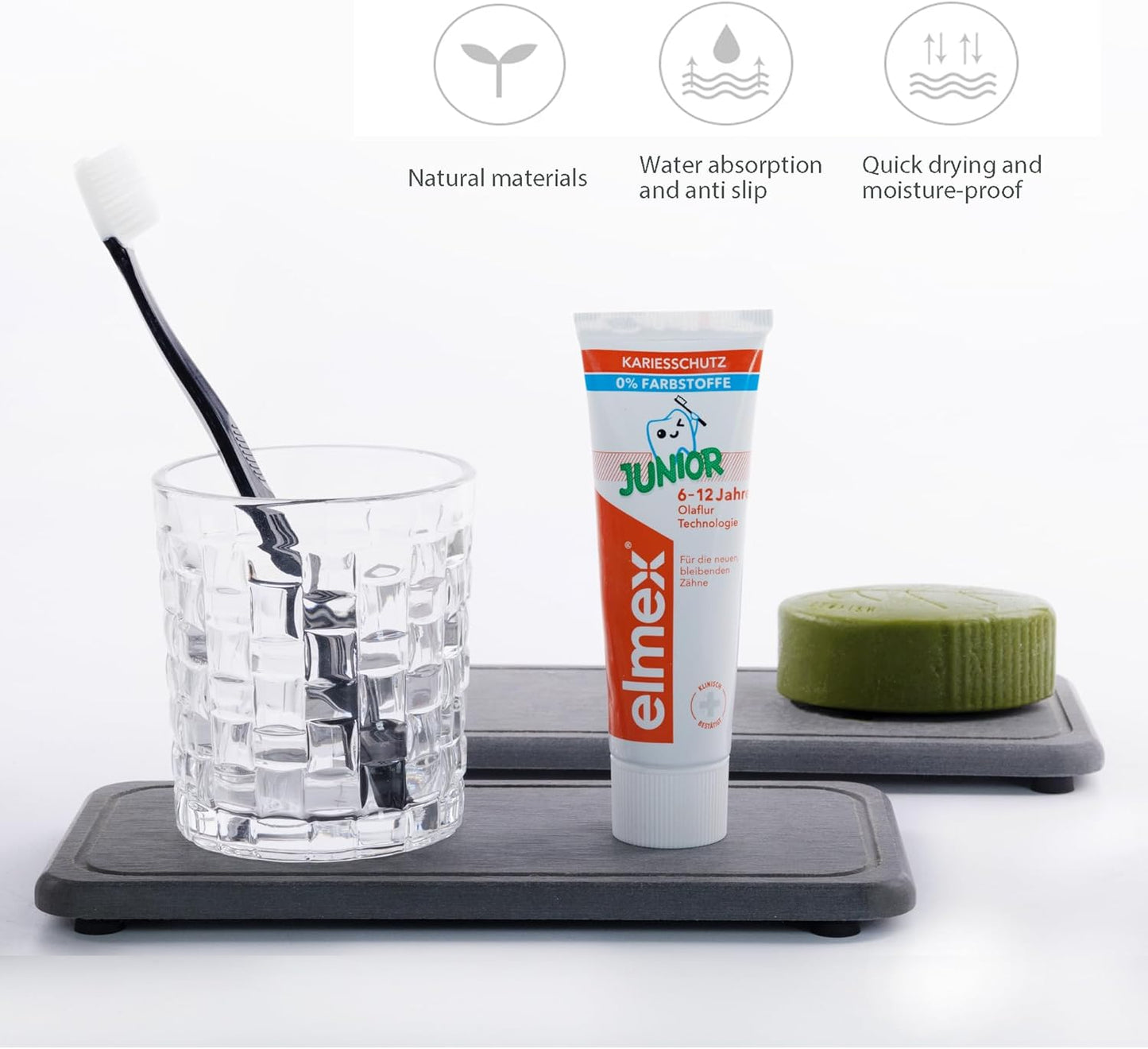 2 Pcs Water Absorbing Stone Trays, Kitchen/Bathroom Sink Soap Dish, Diatomite Tray Used for Hand Soap & Cosmetic Bottles in The Modern Home, 4" W x 8.3" L, Dark Gray