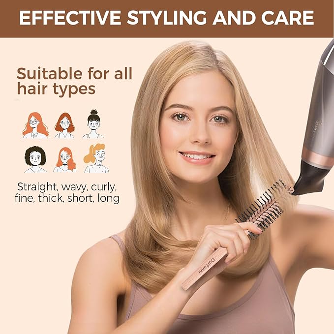 Round Curling Brush for Blow Drying, Wooden Handle Roller Brush with Soft Nylon Bristles, Curling Hair Brush for Wet Hair, Bangs, Beard, Styling