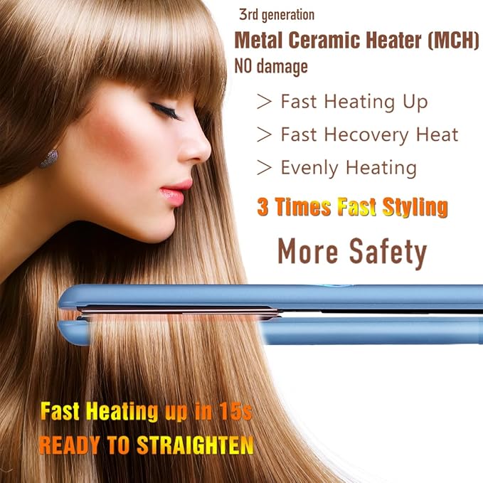 NITION Nano Titanium Hair Straightener 1" Heating Plate Smooth Straightening Flat Iron for Hair. LCD 265-450°F Adjustable for All Hair Type. Travel Pouch Bag Included. MCH Fast Heating Up. Blue