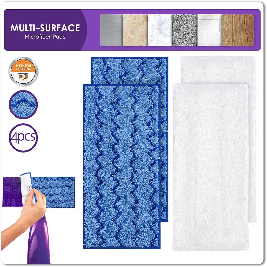 KEEPOW Reusable Mop Pads Compatible with Swiffer Wet Jet Mop Starter, Replacement Microfiber Refills for Wet and Dry Sweeping, 4 Pack