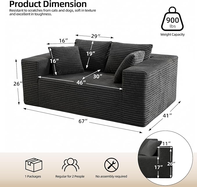2-Seater Deep-Seat Corduroy Lounge Sleeper Sofa - No Assembly, Frameless Foam Cloud Couch for Living Room, Bedroom, Apartment, Dorm, Office