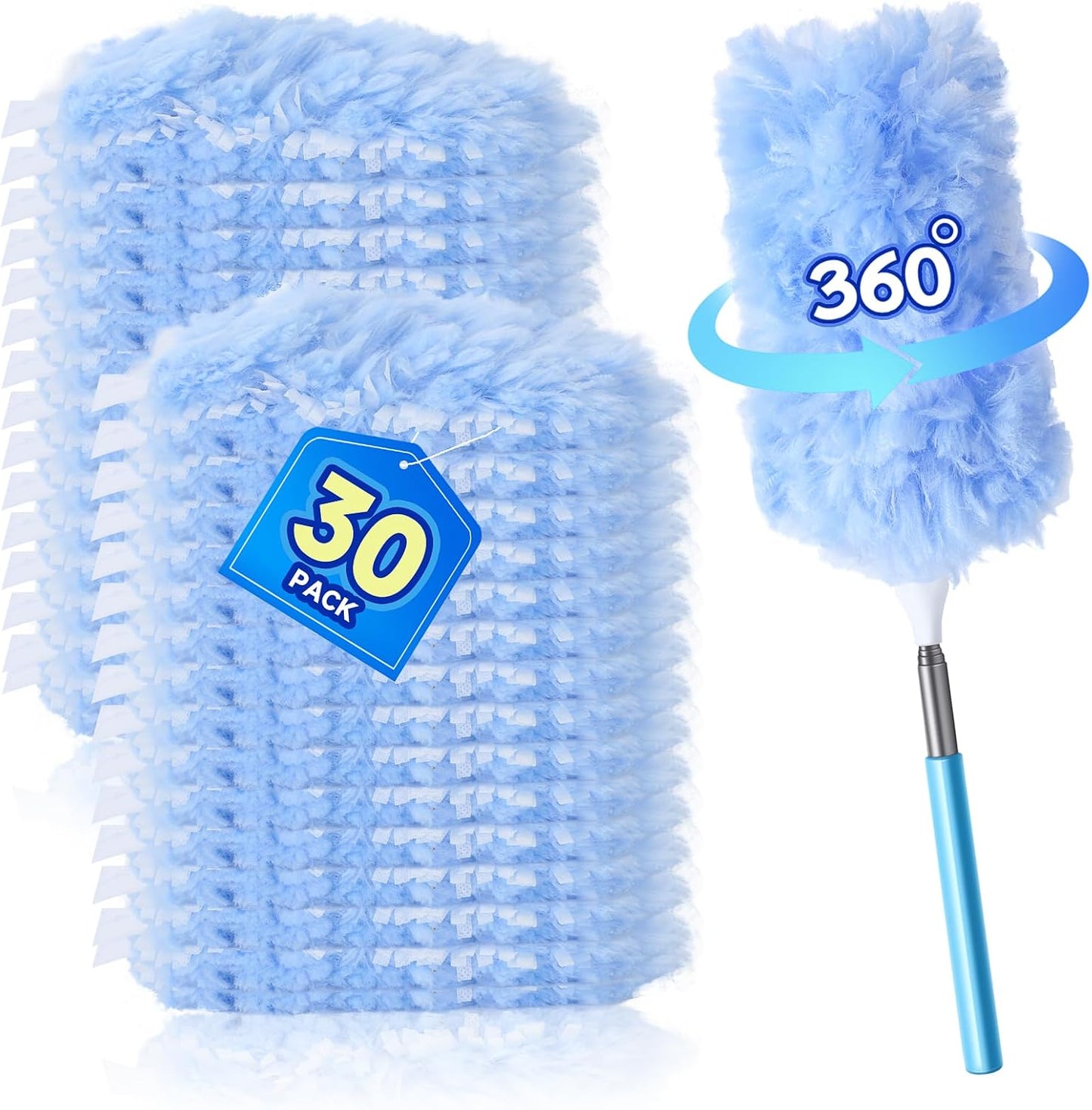 Duster Refills for Swiffer, 360° Thickened Kit with 30 Count Disposable Microfiber Feather Dusters for Office,Window and Furniture Cleaning, Include 2 Extendable Handles