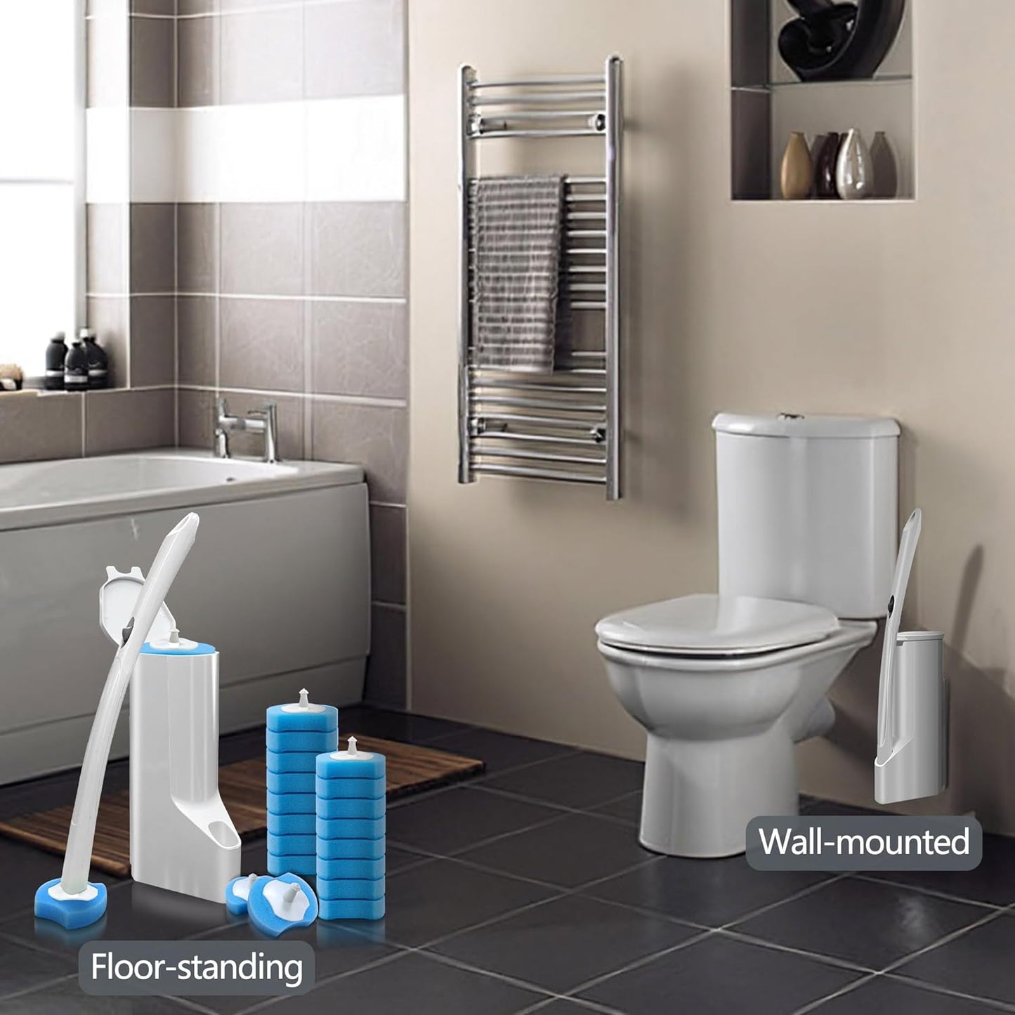 Disposable Toilet Bowl Brush and Holder, Toilet Cleaning System-2 Toilet Bowl Wand, 2 Storage Caddy&72 Toilet Brush Refills for Effective Deep Scrub Toilet, Wall-Mount Toilet Brush, 2 Pack.