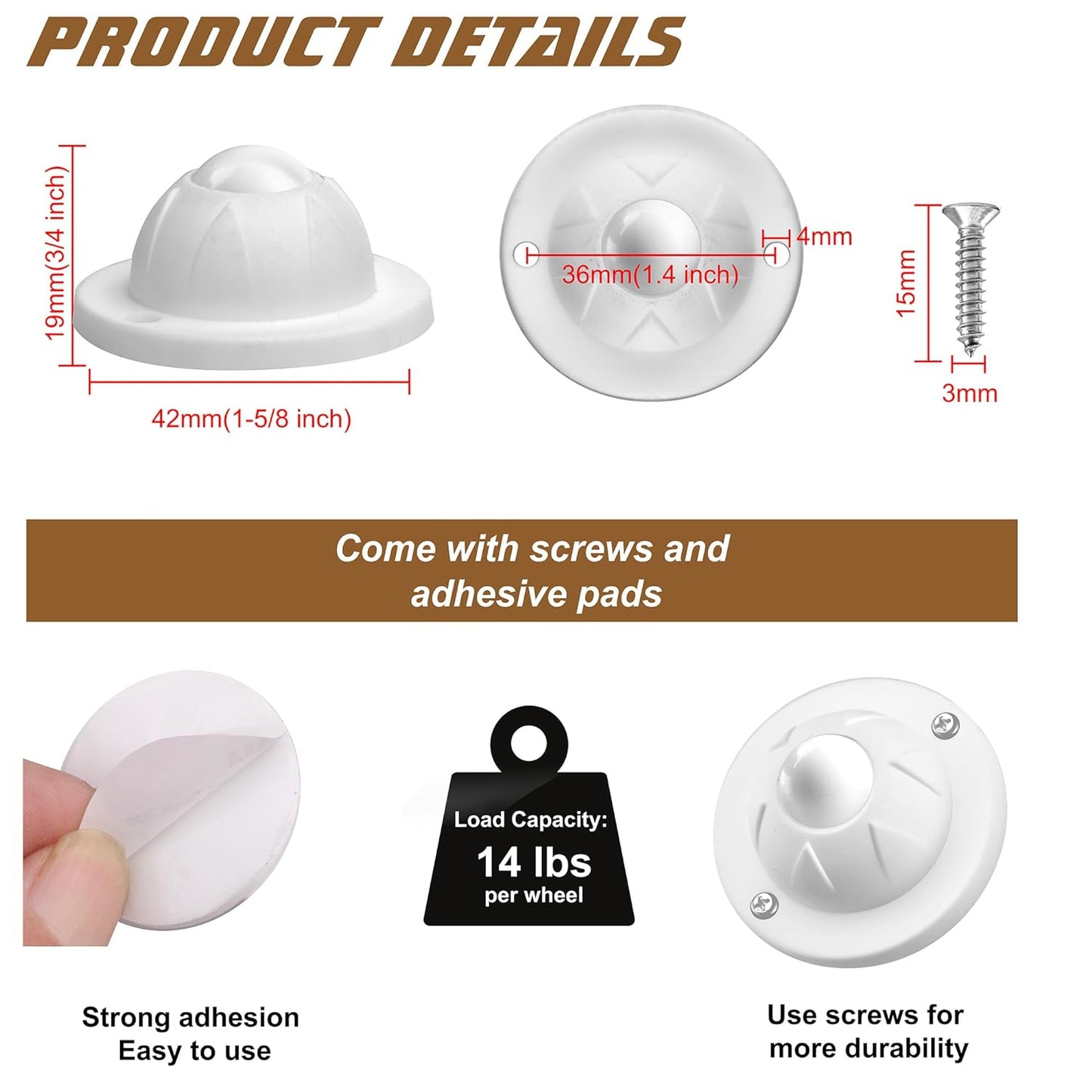 PlusRoc 12 Pack Self Adhesive Caster Wheels For Appliance, Load Capacity 14LBS Per Wheel, Mini Swivel Wheels Sliders Roller For Stand Mixers Air Fryers