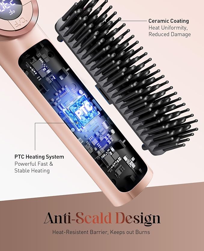 Hair Straightener Brush Portable: Ionic Curling & Straightening Brush with Fast Heating, Reduce Damage & Anti-Scald, Gold