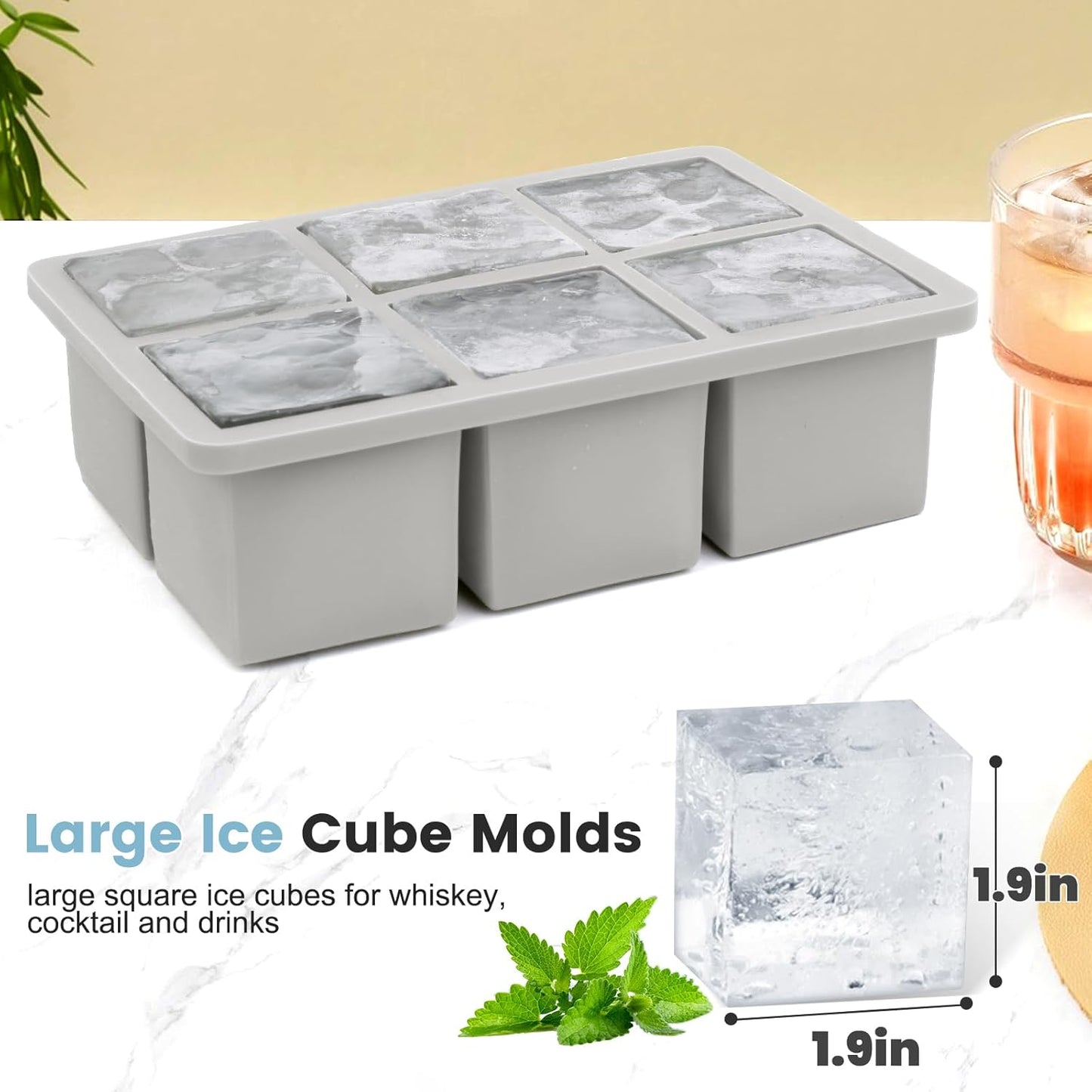 Large Silicone Ice Cube Tray 3Pack, SAWNZC Big Square Ice Cube Molds for Whisky Cocktail, Ice Maker Tray with Lid for Freezer, Easy Release (3, Grey)