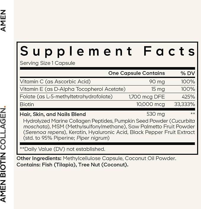 Amen Biotin Collagen Vitamins+ 10,000 mcg Biotin Supplement - Hydrolyzed Collagen, Vitamins C & E, Folate, Hyaluronic Acid, Keratin, MSM, Saw Palmetto - 3-Month Supply - Non-GMO - 90 Capsules