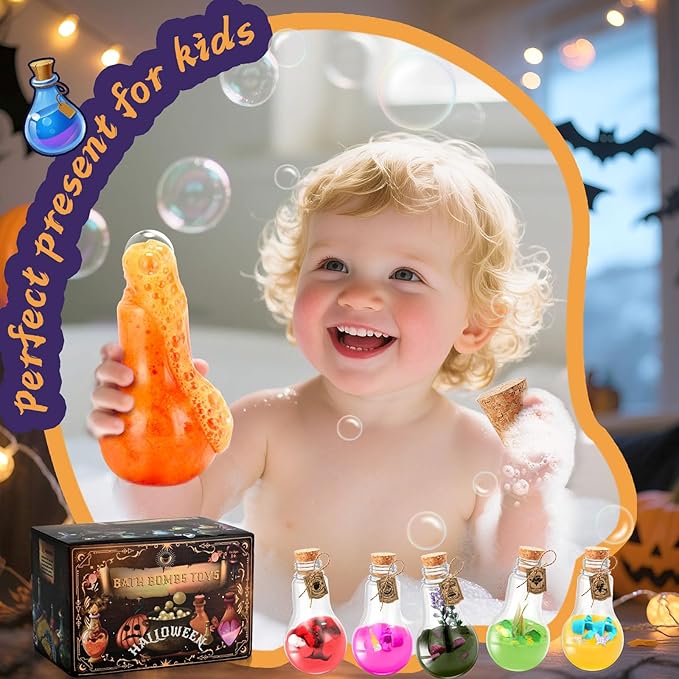 Kids Bath Bomb Potions, 6 Pack – Magic Potion Bubble Bath Bombs with 13 Mini Toy for Toddlers Ages 3-8, Rich in Natural Essential Oils, Science Soap Potion Bottles Kit & Halloween Fizzes Eruption Gift