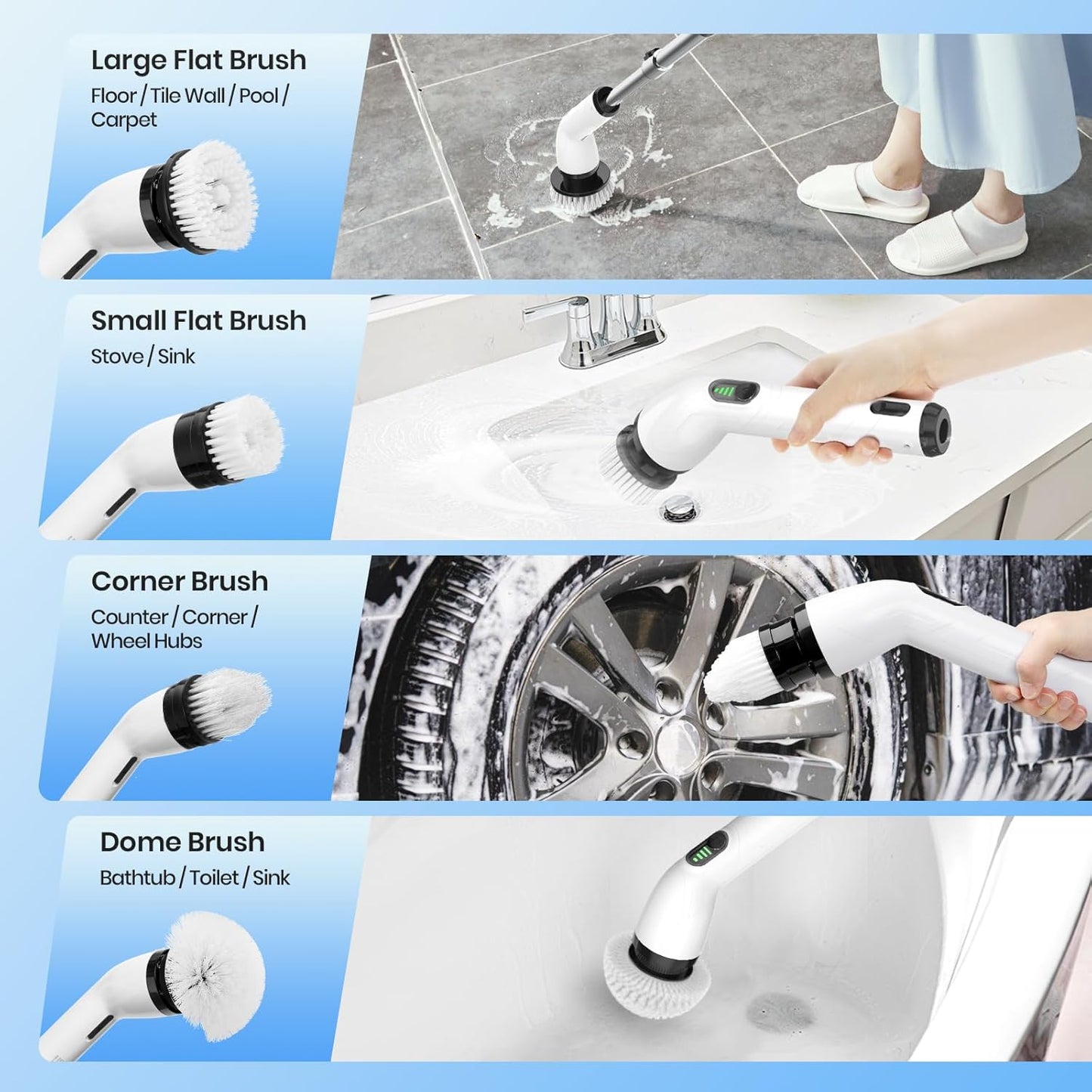 Electric Spin Scrubber, Full-Body IPX7 Waterproof Cordless Shower Scrubber with 8 Replaceable Heads, Upgraded Extension Handle, 2H Work Time, 2 Speeds for Bathroom Shower Tile Glass