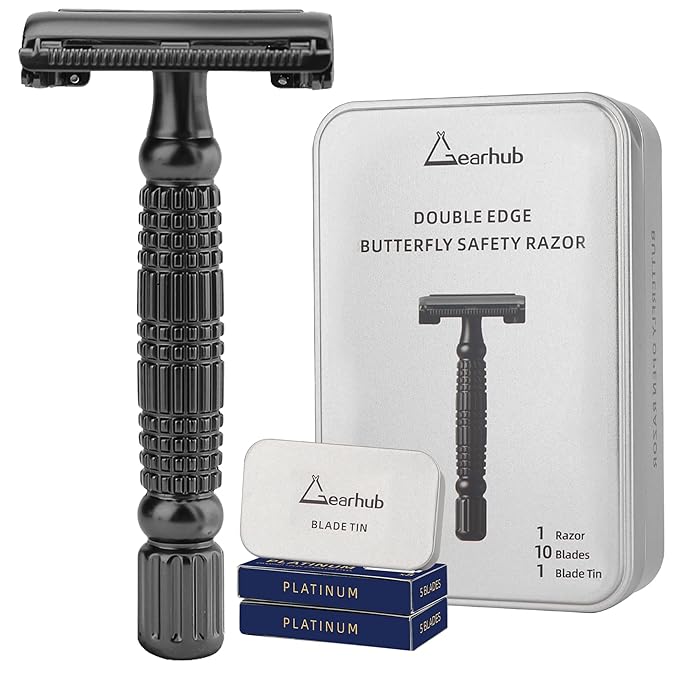 Gearhub Butterfly Double Edge Safety Razor Reusable Stainless Metal Wet Shaving Razor with 10 Swedish Platinum Blades for Men Women Barber Bikini Armpit Hair, Matte Gunmetal Black GR179