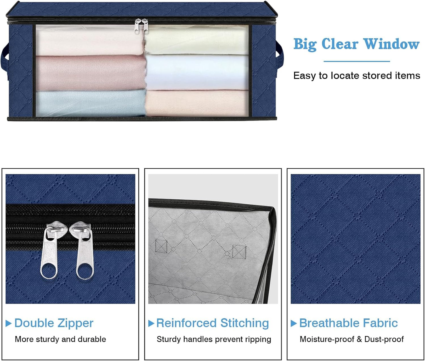 HomeHacks Storage 6-Pack Clothes Organizer Storage Bags Foldable Storage Box with Large Clear Window Sturdy Handles for Closet, Dorm, Pillows, Bedding, Clothes, Blankets, 35L, Blue