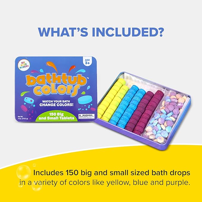 Kid Made Modern Bath Color Tablets for Kids - 150 Counts Non Toxic Bath Drops for Toddlers - Blue, Yellow, Pink, and Purple Bathtub Color Fizzies Tablets - Fun & Mini Bath Bombs (150 Count - Ages 3+)