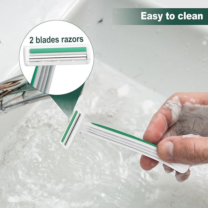 Green Disposable Twin Blade Razors in Bulk, Individually Wrapped with Safety Cap and Shaving Cream (50 Pack) for Homeless, Hotel, Airbnb, Shelter