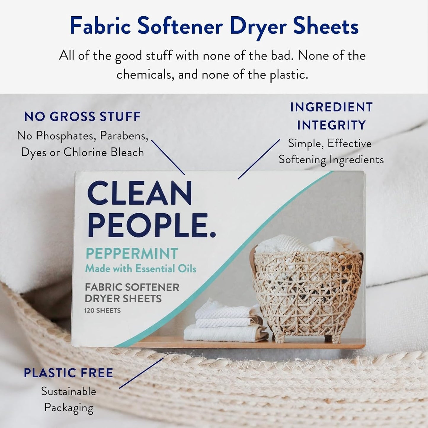 The Clean People Fabric Softener Sheets - Dryer Sheets - Softens & Removes Static - Vegan Laundry Softener With Essential Oils - Peppermint 360 Pack