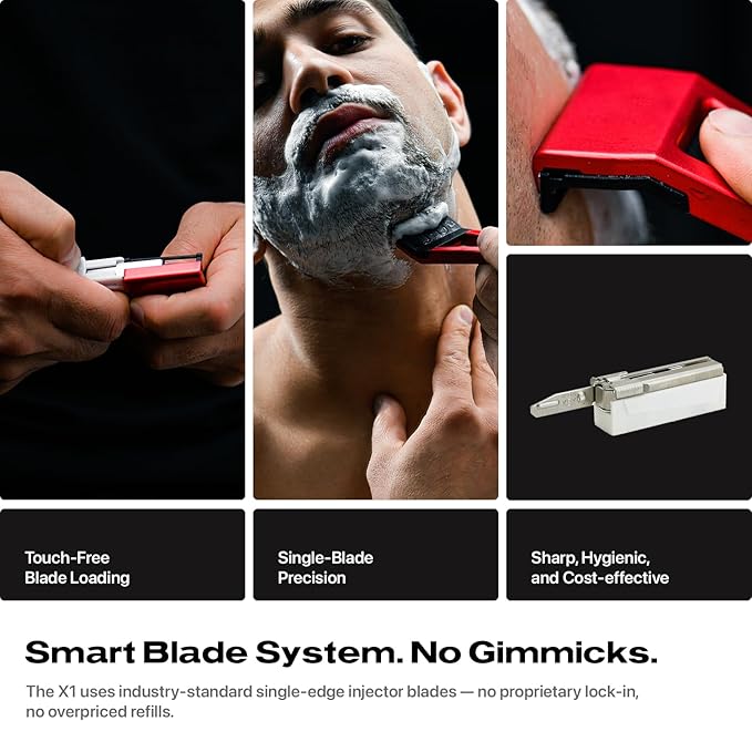HYPE X1 Safety Razor Custom Pro Set - Magnetic Comfort (C), Sensitive (S) & Ultra-Close (UC) Shave Settings, 20 Non-Proprietary Blades - Single Blade Gentle Shaving Razors For Men and Women - Red