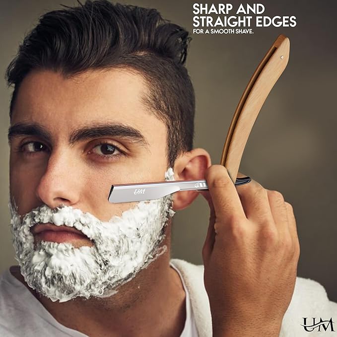 UM Supplies Straight Edge Razor with 100 Replaceable Single Edge Blades kit | Men's Straight Shaving Razors | Navajas para Barbero (Curved Wooden)