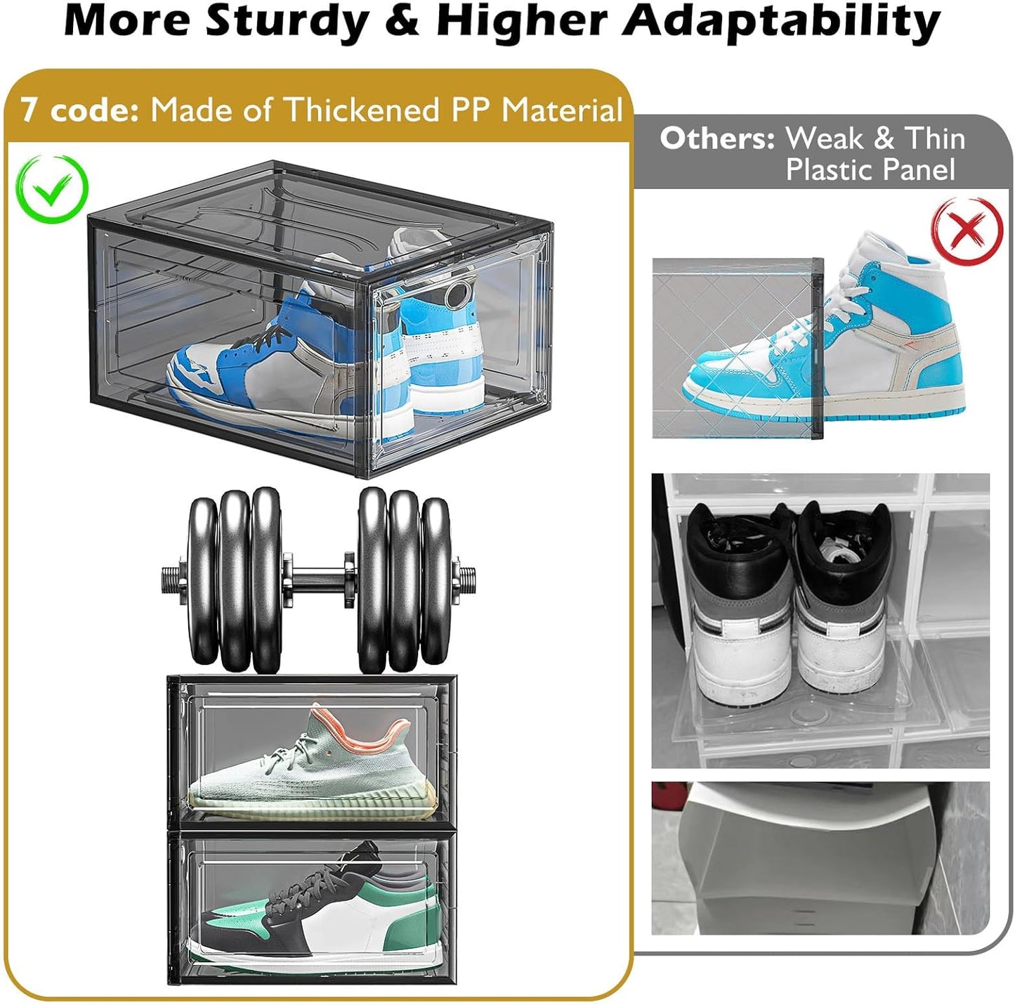 12 Pack Clear Shoe Storage Organizer with Magnetic Door, Stackable Plastic Shoe Boxes for Sneakers, Boots, and Heels, Space-Saving Foldable Shoe Rack for Closet, Durable Shoe Cabinet Organizer, Black