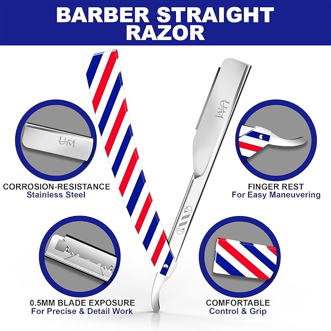 UM Supplies Straight Edge Barber Razor | Professional Men's Straight Shaving Razors kit With 10 Replaceable Blades | Cut Throat Shavette | Barber Pole Red, White, Blue