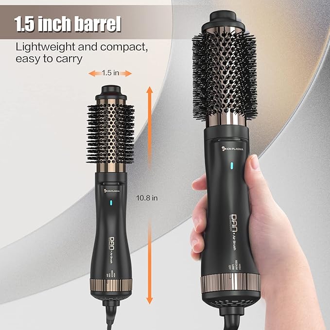 Dan Technology Blow Dryer Brush 1.5 Inch Round Blowout Brush 4-in-1 Hot Air Hair Dryer Brush & Styler, Comb, Straightener & Curler with Titanium & Ionic (Black-Rose Gold)
