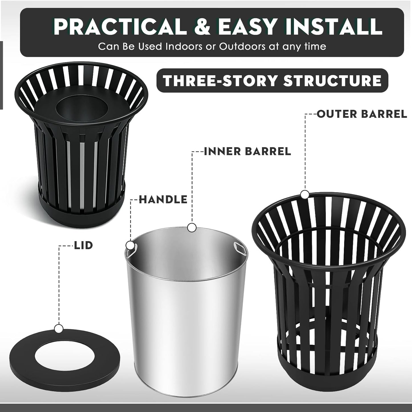 16Gallon/62L Commercial Outdoor & Indoor Metal Trash Can, Outdoor Slatted Trash Receptacle with Metal Linner, All Weather Resistant Large Outside Zone Round Garbage Bin for Street, Park, School-Black