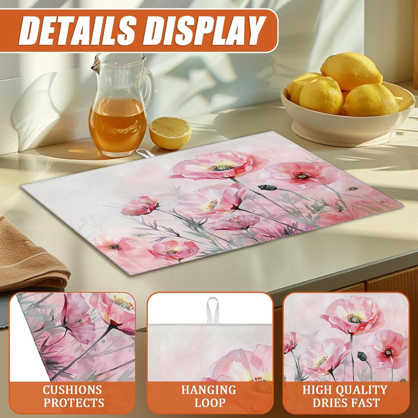 Pink Poppy Flower Dish Drying Mat for Kitchen Counter Microfiber Absorbent Dish Kitchen Drying Mat Draining Reusable Washable for Dishes/Utensils/Counterto