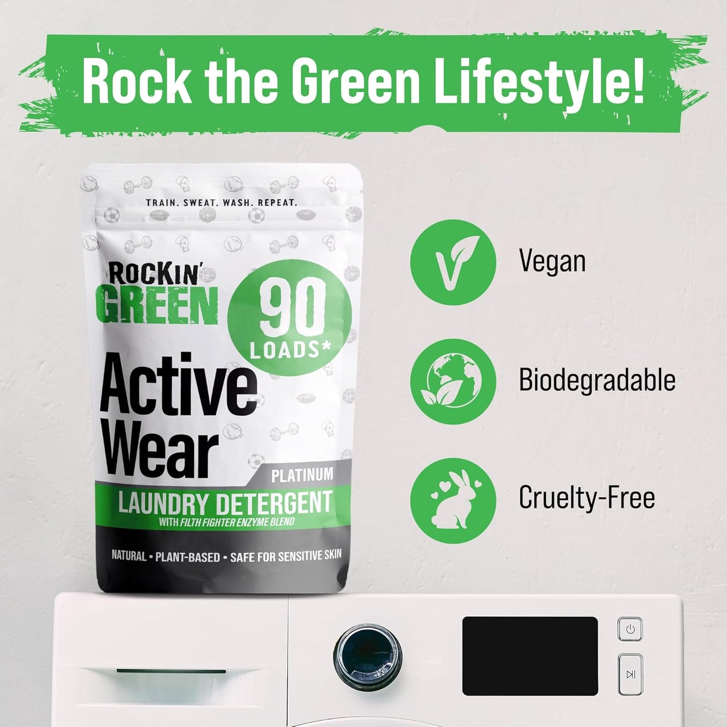 Rockin' Green Laundry Detergent, Plant based, All Natural Laundry Detergent Powder, Vegan and Biodegradable Odor Fighter, Safe for Sensitive Skin (Active Wear 90 Loads - Unscented)