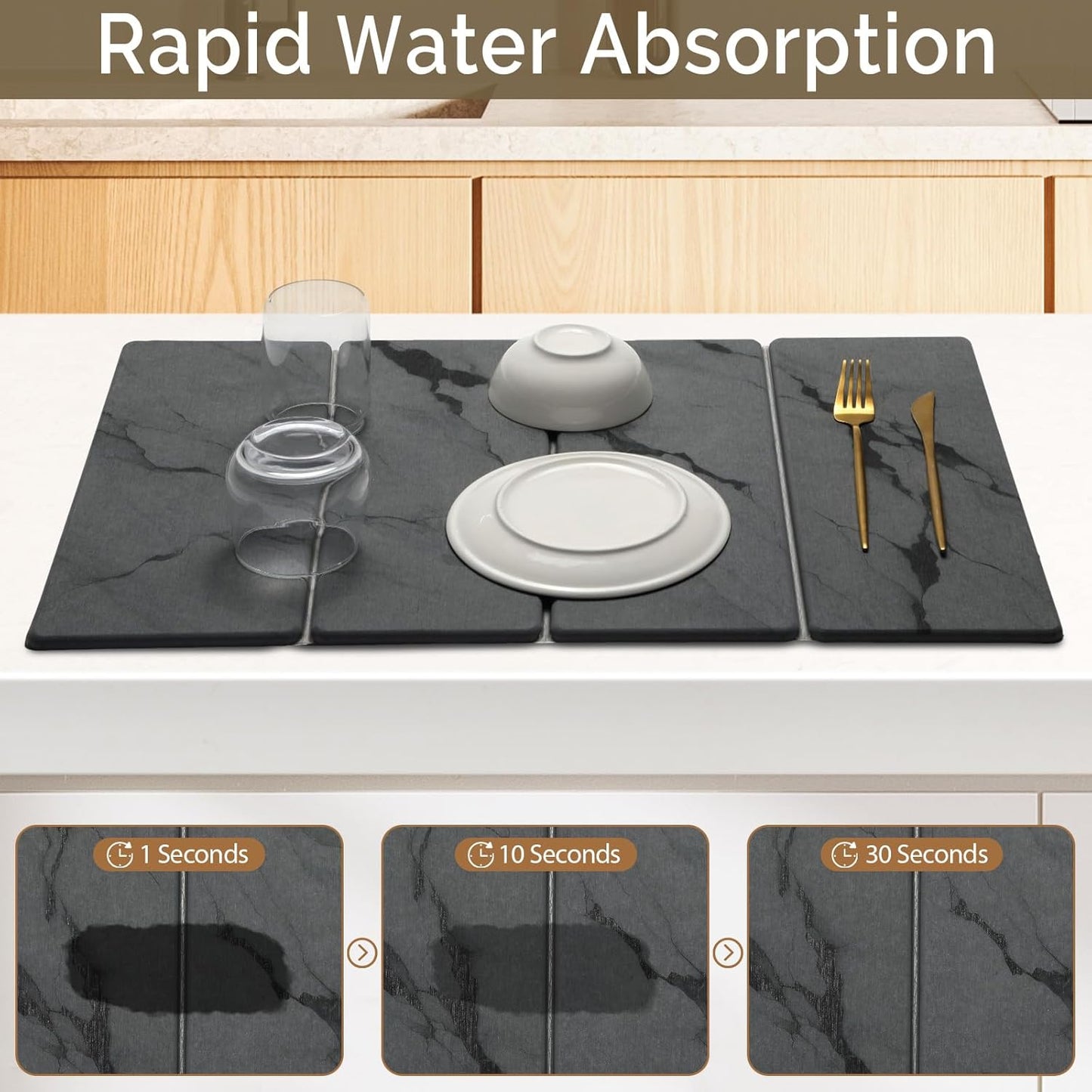 2 PCS Large Stone Dish Drying Mat for Kitchen Counter Quick Dry Stone Dishes Mats Marbled Water Absorbing Diatomaceous Earth Drying Pad for Countertop Bottles Utensils Cups (Dark gray 24"x16"&8"x4")