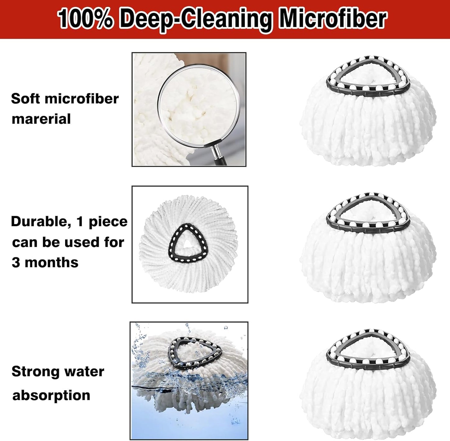10 Pack Spin Mop Replacement Heads, 100% Microfiber Spin Mop Refill for Easy Wring, 360 Degree Spinning Mop Head Replacement Compatible with Triangle Spin Mop for Easy House Cleaning Floor Mopping