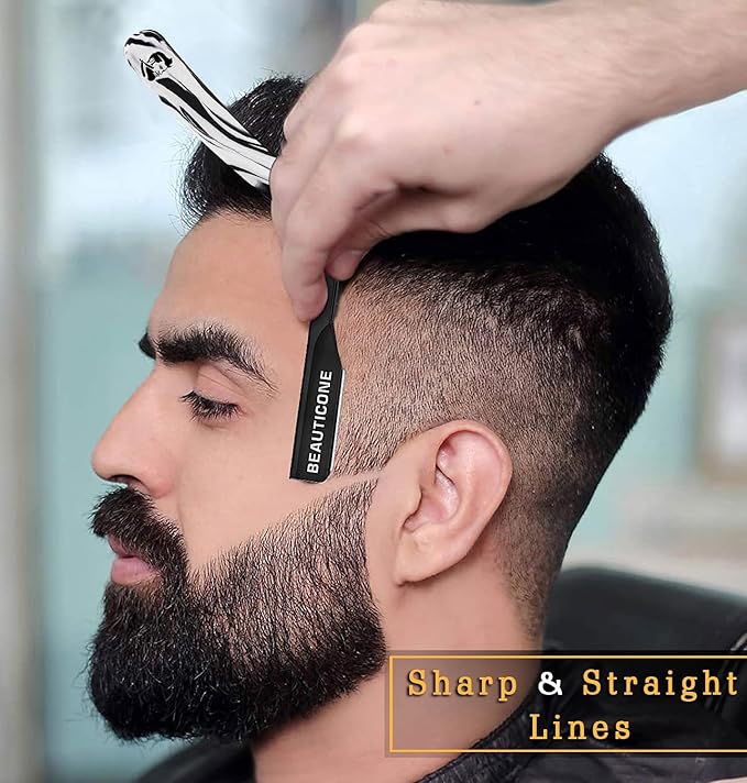 BEAUTICONE® Straight Razors for Men – Professional Barber Straight Edge Razor Kit with Replaceable Single Edge Blades - Navajas Para Barbero - Pouch Gift Box 1.2 mm Exposed for Close Shave Ultra Light
