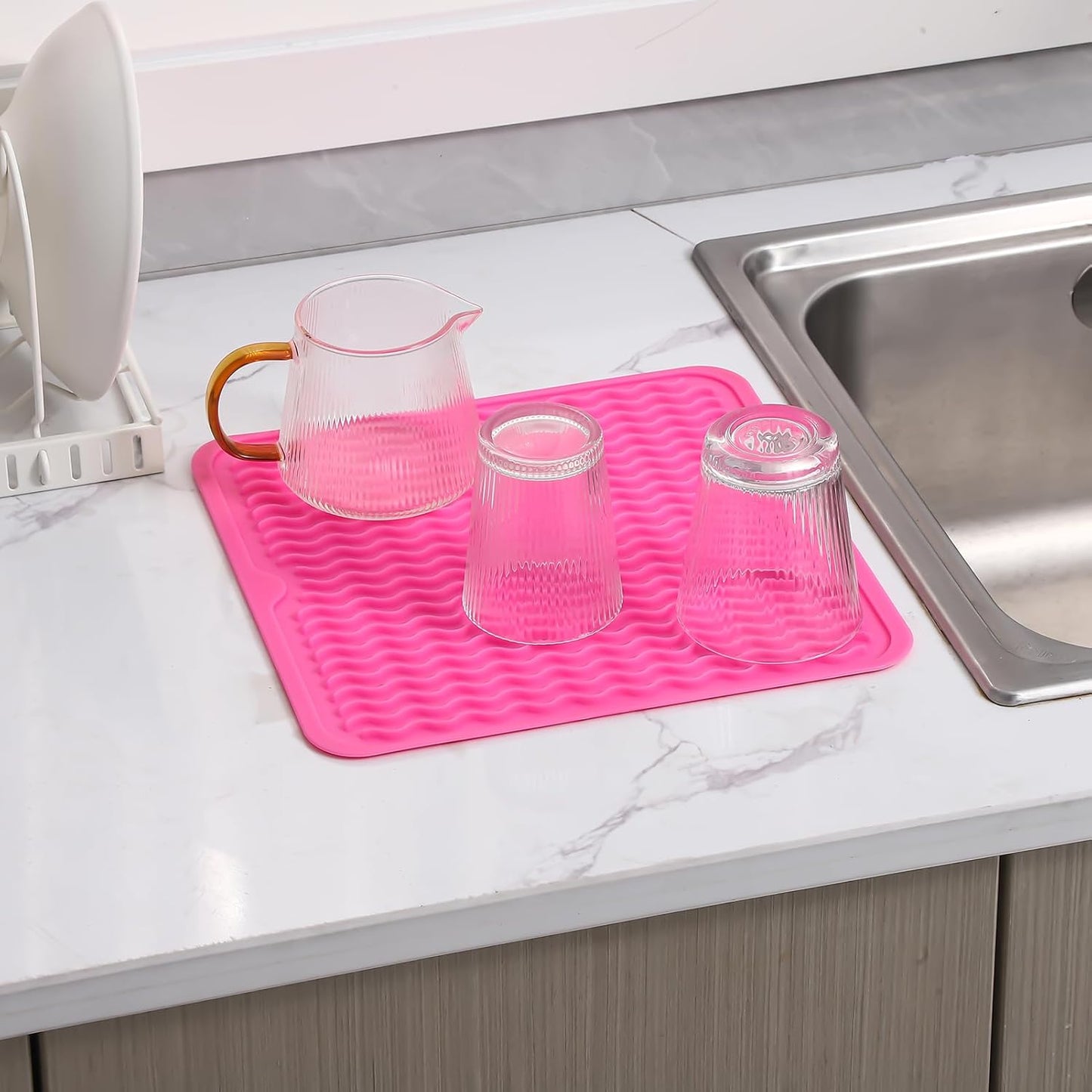 Silicone Dish Drying Mat for Multiple Usage,Easy clean,Eco-friendly,Heat-resistant Silicone Mat for Kitchen Counter or Sink,Refrigerator or Drawer liner Rose M 12 inches x 12 inches