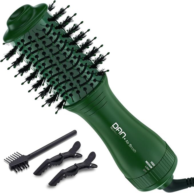 Dan Technology Blow Dryer Brush Hair Dryer Brush Hot Air Blowout Brush 120V 3 Speeds Oval Shape Volumizer Straightener Brush Faster Drying Mini Size Lightweight (Green)