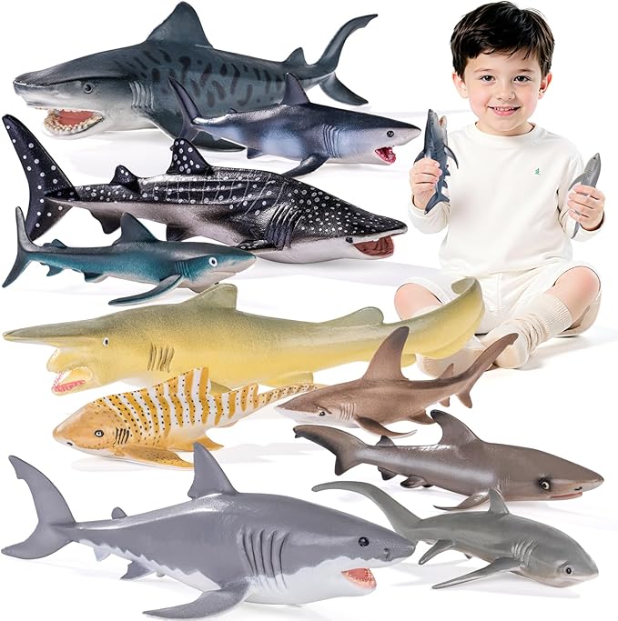 10PCS 5-8" Shark Toys for Toddlers, Sea Ocean Animals Bath Toys for Kids, Shark Figurines Cake Toppers Birthday Party Favors & Gifts for Kids