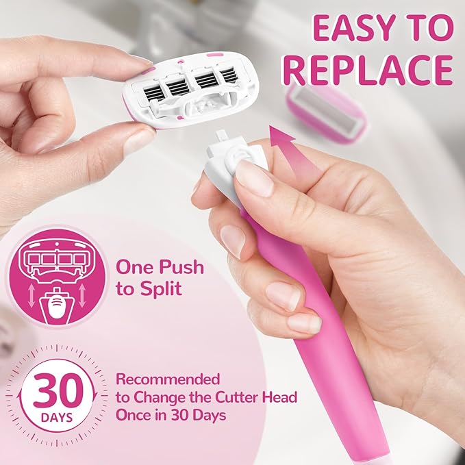 Razors for Women Include 1 Non-Slip Handle and 7 Blade Refills with a Shower Holder, 5 Premium Blades Women's Razors for Shaving with 360° Lubrication Reduces Irritation, Pink