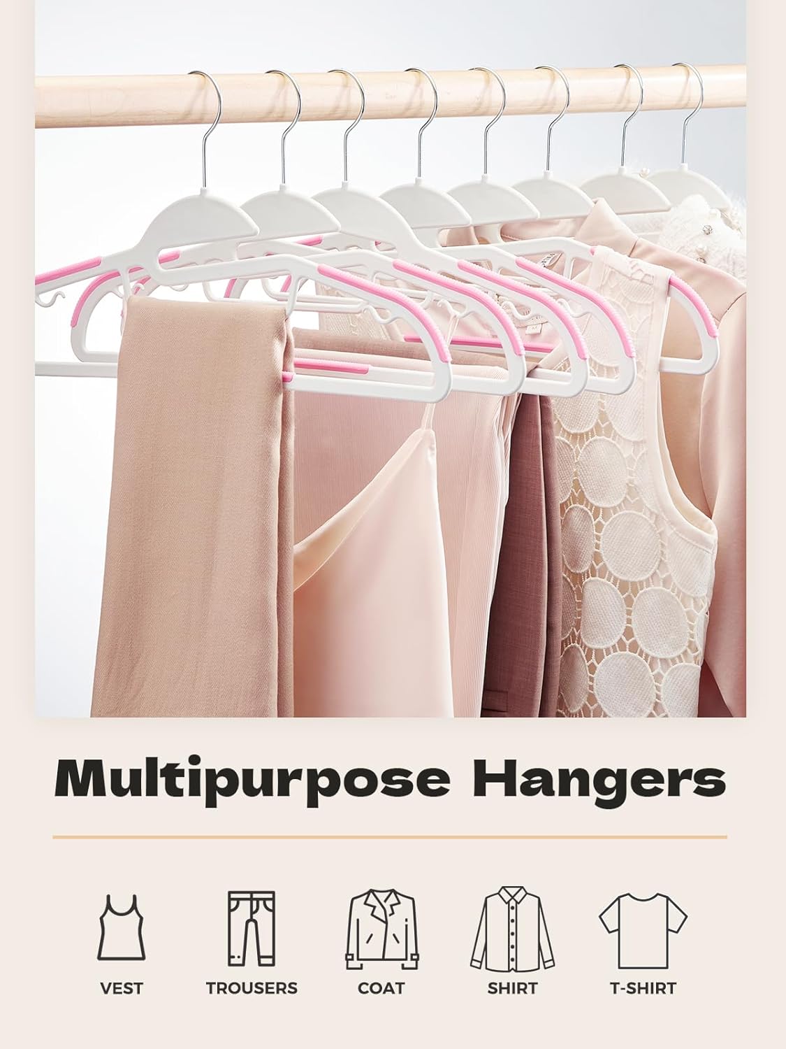 HOUSE DAY Pink Plastic Hangers 50 Pack, Slim Space Saving, Non Slip Hangers with Rubber Pads, Sturdy Coat Hanger for Closet, S-Shaped Clothes Hanger for Shirt, Suit, Pant, Skirt