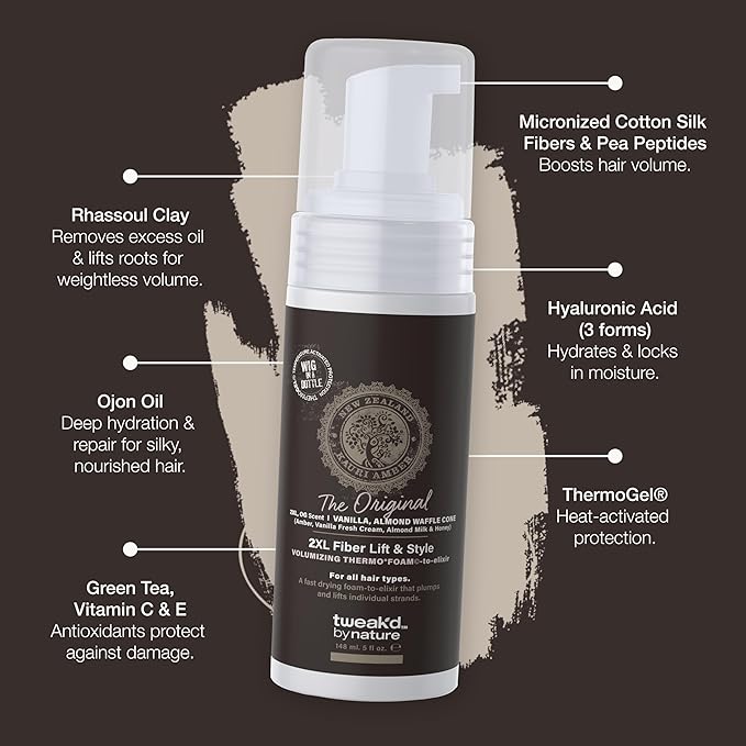 Tweak’d by Nature - 2XL Fiber Lift & Style Volumizing Foam, Styling Foam and Mousse for Hair Volume, Heat Protectant, Hydrating for Long-Lasting Softness, Cruelty Free (5oz)