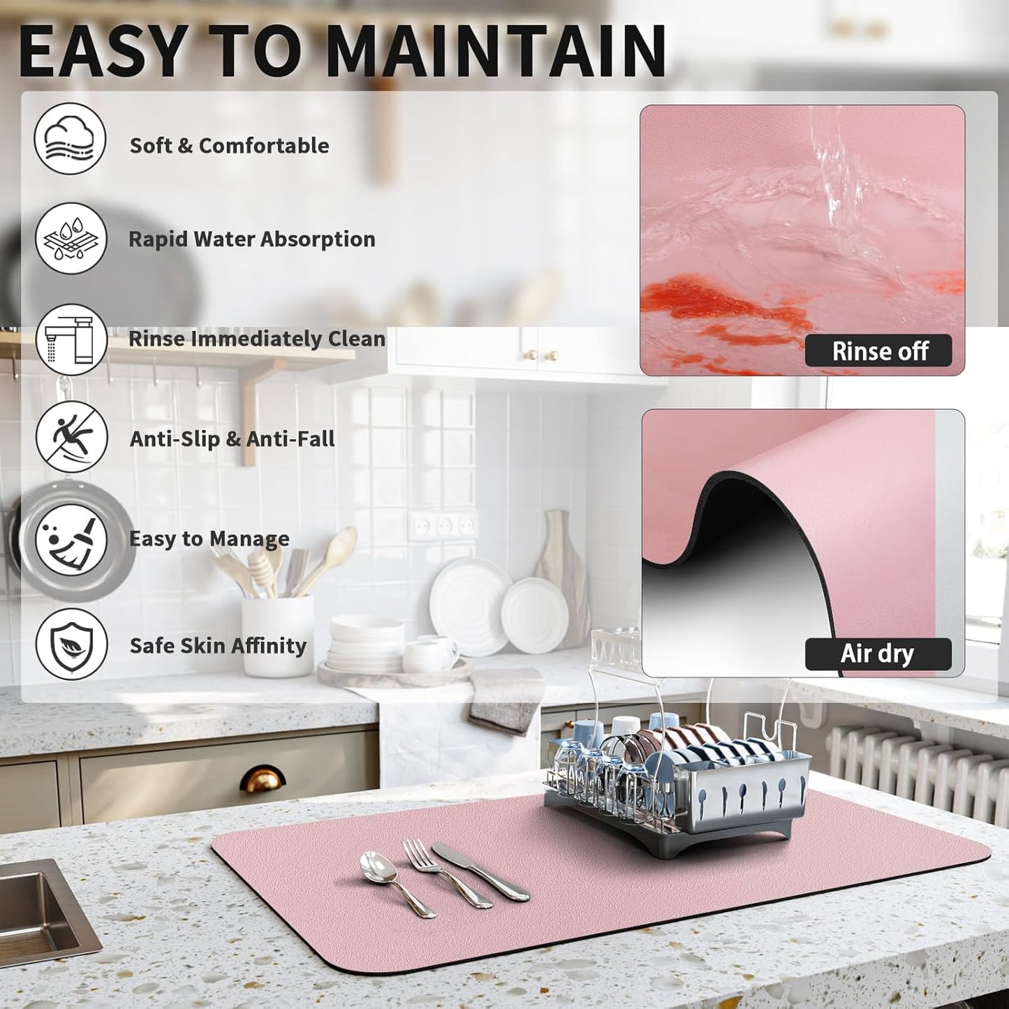 Dish Drying Mat for Kitchen Counter, Heat Resistant Drainer Mats with Non-slip Rubber Backed, Hide Stain Kitchen Super Absorbent Draining Mat, Easy to Clean Dish Rack Pad, Pink 18"x28"