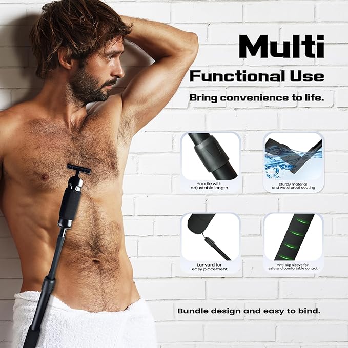 XUNE Safety Razor Extension Handle with Adjustable Length for Leg Razor,Back Shaver for Men,Multi-Function Extension Shaver Handle can be Fitted Lotion Applicator,Hair Brush for Wet or Dry