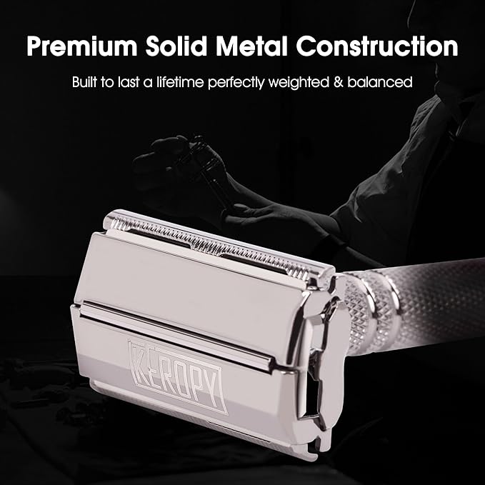 Vintage Classic Double Edge Safety Razor for Men - Weighted Butterfly Open Comb Design with 10 Keropy Extra Blades - Stainless Steel Razor for Close Smooth Shave - Gloss Black Finish