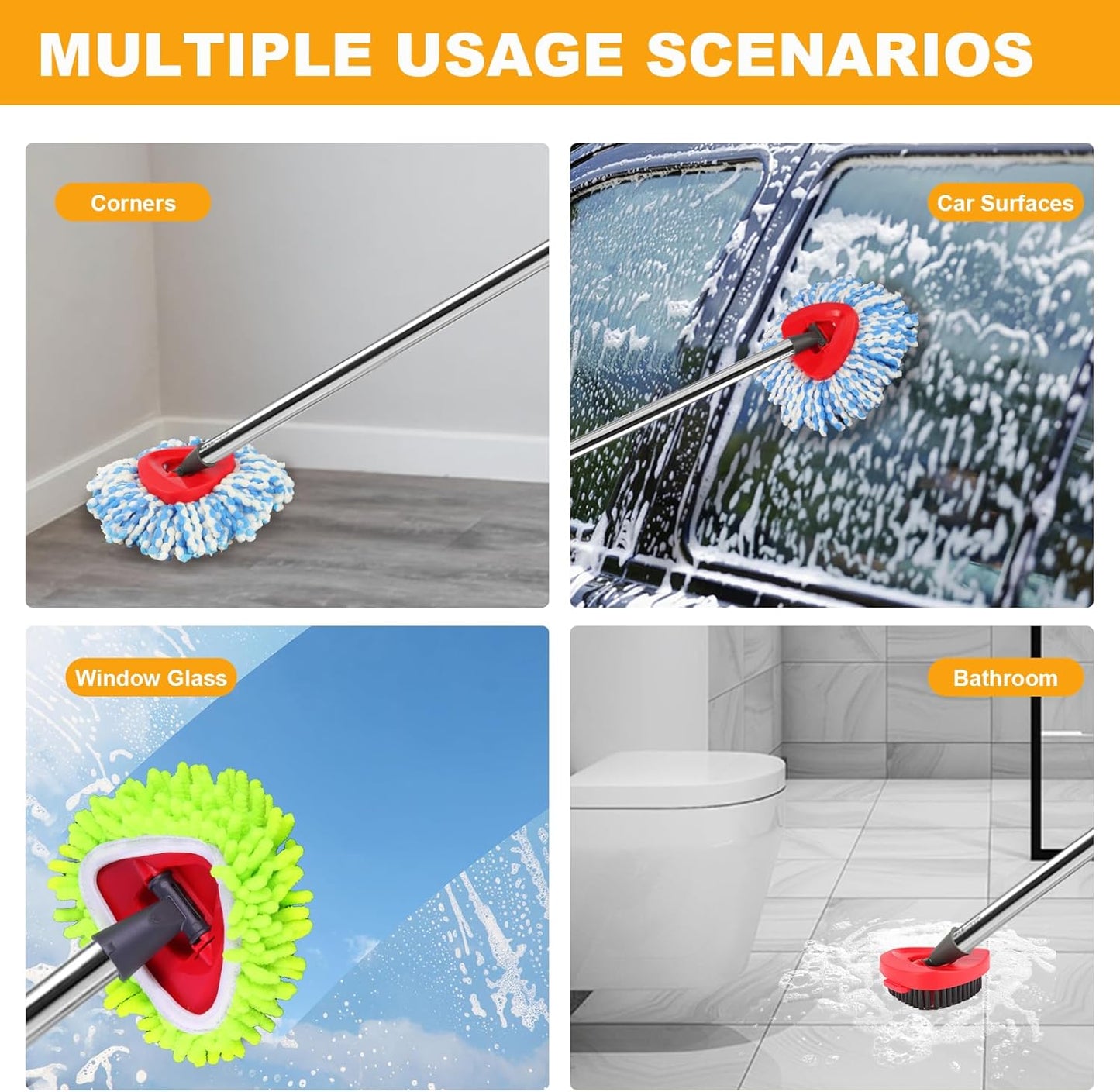 Mop Heads Replacements for OCedar RinseClean 2 Tank Spin Mop System, Mop Replace Head with 2 Microfiber Mop Head Refills, 2 Chenille Mop Pads,1 Scrub Brush, and 1 Mop Base Set Combo