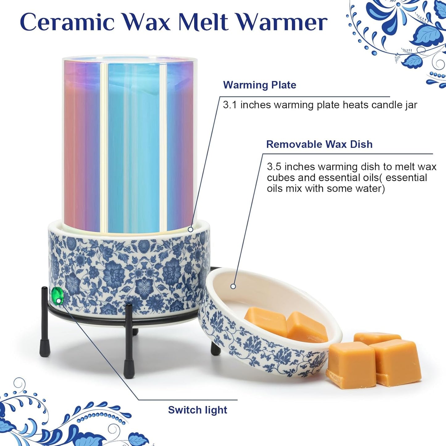 Blue & White Porcelain Pattern Wax Melt Warmer,Ceramic 3-in-1 Electric Candle Wax Warmer for Scented Wax Melter Oil Burner for Home Office Bedroom Gift & Decor (with KD Iron Shelf)