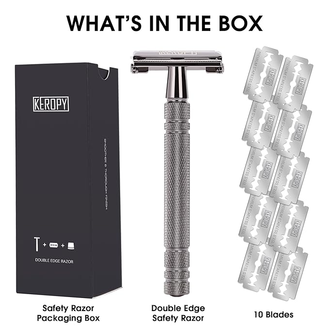 Vintage Classic Double Edge Safety Razor for Men - Weighted Butterfly Open Comb Design with 10 Keropy Extra Blades - Stainless Steel Razor for Close Smooth Shave - Gloss Black Finish