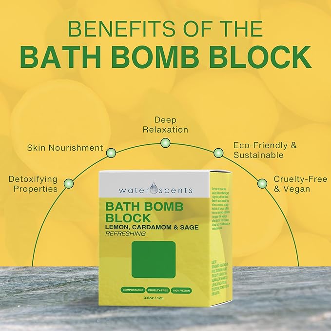 Water Scents Purity Bath Bomb Block | Vegan, Natural & Cruelty-Free | Aromatherapy Bath Soak with Lemon, Cardamom & Clary Sage | Moisturizing & Skin-Softening, Handmade in USA – 3.5 oz (6pks)